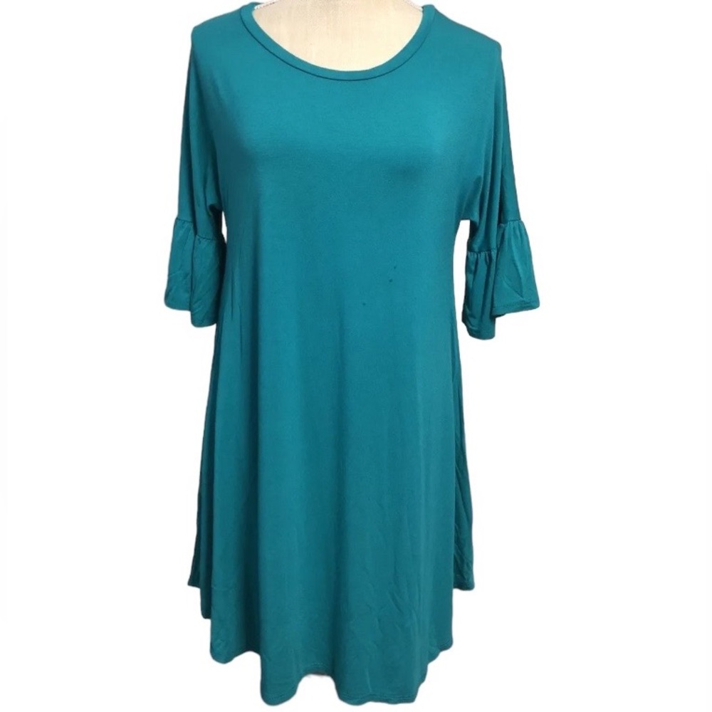 Umgee Dress Teal Stretchy Tunic Shirt Dress Short Bell Ruffle Sleeve